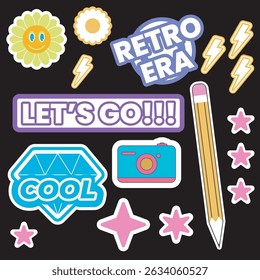 A vector illustration of various retro-style stickers with phrases and symbols