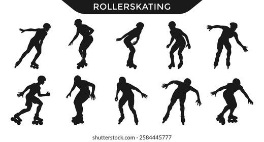 Vector illustration of various roller skating silhouettes in dynamic poses