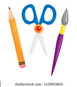 Vector illustration of various school materials-- pencil, scissors, paintbrush isolated against white background