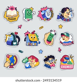  Vector illustration of various school-themed cartoon stickers including books, alarm clocks, and students. Perfect for educational materials and school supplies.