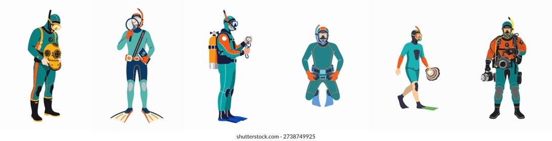 Vector illustration of various scuba divers, snorkelers, and deep-sea professionals representing underwater exploration, safety, and marine research activities.