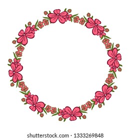 Vector illustration various shape pink flower frame with green leaves