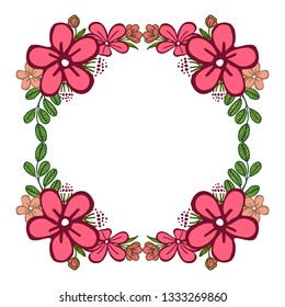 Vector illustration various shape pink flower frame with green leaves