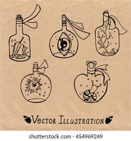 Vector illustration of various shaped bottles containing magic potions. For games of cartoons. Graphic sketch.