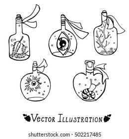 Vector illustration of various shaped bottles containing magic potions. For games of cartoons. Graphic sketch.