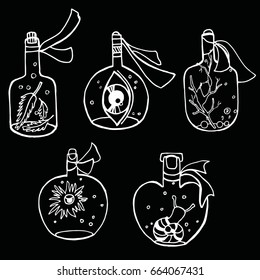Vector illustration of various shaped bottles containing magic potions. For games of cartoons. Graphic sketch.