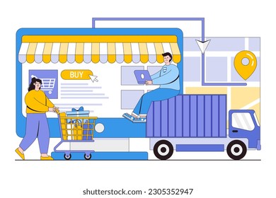 Ilustración vectorial de varias tiendas, descuentos, compra y entrega de bienes y regalos a través de internet con personajes de la gente.