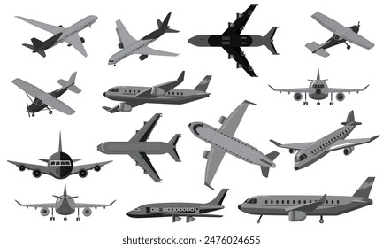 Vector illustration of various silhouettes of airplanes in different styles and perspectives, ideal for aviation projects, travel brochures, and educational materials. Editable. EPS 10.