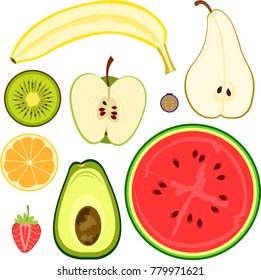 Vector illustration of various simple fruits cut in half.