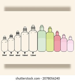 vector illustration of various sizes of bottles, flat design style.