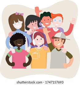 Vector illustration of various skin colors children hold each other. Children stood side by side cheerful and holding hands. Little children having fun together. Boys and girls smile. cheerful kids.


