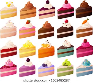 Vector illustration of various slices of cake with whipped cream isolated on white background