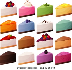 Vector illustration of various slices of cheese cake isolated on white background.