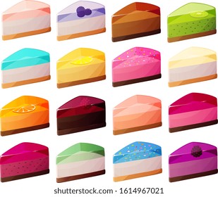 vector illustration of various slices of cheesecake with jelly on top isolated on white background.