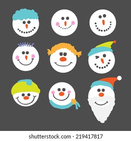 Vector illustration of various snowman faces.