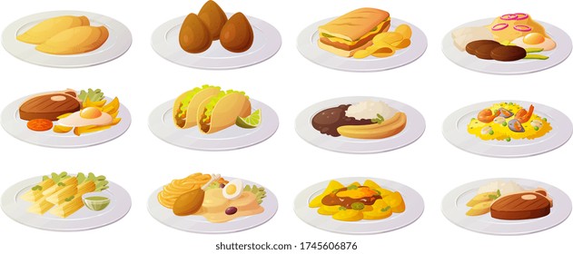 Vector illustration of various South American, Latin American and Central American traditional typical food dishes isolated on white background.