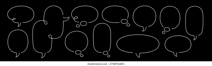 Vector illustration of various speech and thought bubbles in white outline on a black background, suitable for design and communication projects.