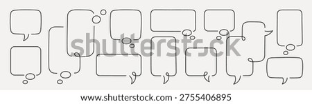 Vector illustration of various speech and thought bubbles in a minimalist line art style, arranged in a seamless pattern on a light background.