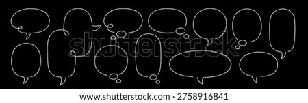 Vector illustration of various speech and thought bubbles in white outline on a black background, suitable for design and communication projects.