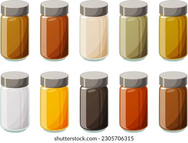 Ilustración vectorial de varias especias en botellas de vidrio con tapa metálica plateada aislada sobre fondo blanco	