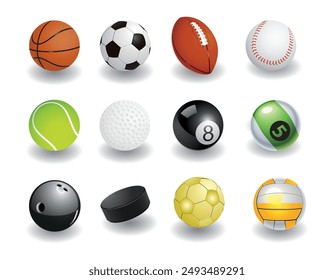 Ilustración vectorial de varias pelotas deportivas incluyendo baloncesto, fútbol, fútbol, béisbol, tenis, golf, billar, boliche, hockey y voleibol