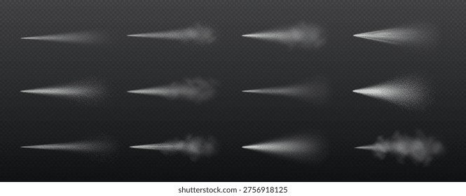 Vector illustration of various spray mist effects in a realistic style. Gray and white hues show different dispersal patterns, ideal for design and advertising.