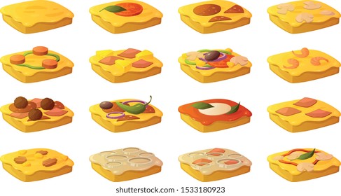 Vector illustration of various square pizza slices with toppings.