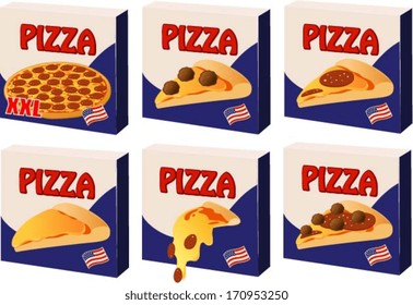 Vector illustration of various stereotypical american pizzas.