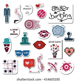 vector illustration / various stickers and phrases / street art and graffiti style