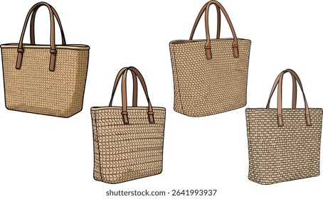 Vector illustration of various straw tote bags, perfect for summer fashion and accessories