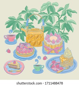 Ilustración vectorial de varios postres de fresa con teteras y tés sobre un fondo con plantas