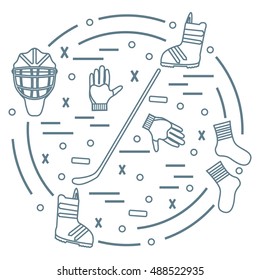 Vector illustration of various subjects for hockey and snowboarding arranged in a circle. Including icons of helmet, gloves, stick, puck, socks, snowboard boots. Winter elements made in line style. 