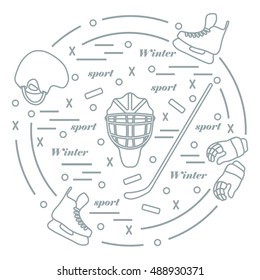 Vector illustration of various subjects for hockey arranged in a circle. Including icons of helmet, gloves, skates, goalkeeper mask, stick, puck. Winter elements made in line style. 