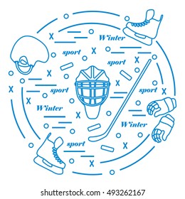 Vector illustration of various subjects for hockey arranged in a circle. Including icons of helmet, gloves, skates, goalkeeper mask, stick, puck. Winter elements made in line style. 