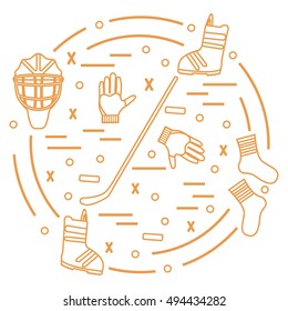 Vector illustration of various subjects for hockey and snowboarding arranged in a circle. Including icons of helmet, gloves, stick, puck, socks, snowboard boots. Winter elements made in line style. 
