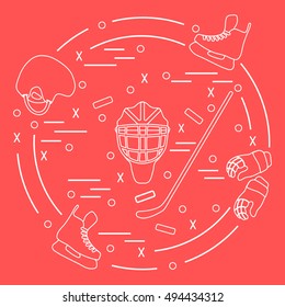 Vector illustration of various subjects for hockey arranged in a circle. Including icons of helmet, gloves, skates, goalkeeper mask, stick, puck. Winter elements made in line style. 