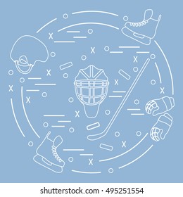 Vector illustration of various subjects for hockey arranged in a circle. Including icons of helmet, gloves, skates, goalkeeper mask, stick, puck. Winter elements made in line style. 