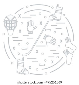 Vector illustration of various subjects for hockey and snowboarding arranged in a circle. Including icons of helmet, gloves, stick, puck, socks, snowboard boots. Winter elements made in line style. 