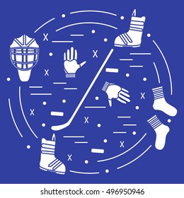 Vector illustration of various subjects for hockey and snowboarding arranged in a circle. Including icons of helmet, gloves, stick, puck, socks, snowboard boots.