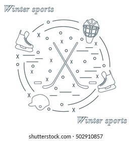 Vector illustration of various subjects for hockey arranged in a circle. Including icons of helmet, skates, goalkeeper mask, stick, puck. Winter elements made in line style. 