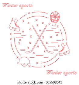 Vector illustration of various subjects for hockey arranged in a circle. Including icons of helmet, skates, goalkeeper mask, stick, puck. Winter elements made in line style. 