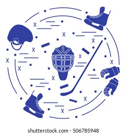 Vector illustration of various subjects for hockey arranged in a circle. Including icons of helmet, gloves, skates, goalkeeper mask, stick, puck. 