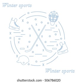 Vector illustration of various subjects for hockey arranged in a circle. Including icons of helmet, skates, goalkeeper mask, stick, puck. Winter elements made in line style. 