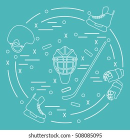 Vector illustration of various subjects for hockey arranged in a circle. Including icons of helmet, gloves, skates, goalkeeper mask, stick, puck. Winter elements made in line style. 