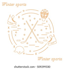 Vector illustration of various subjects for hockey arranged in a circle. Including icons of helmet, skates, goalkeeper mask, stick, puck. Winter elements made in line style. 