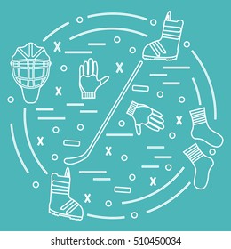 Vector illustration of various subjects for hockey and snowboarding arranged in a circle. Including icons of helmet, gloves, stick, puck, socks, snowboard boots. Winter elements made in line style. 