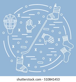 Vector illustration of various subjects for hockey and snowboarding arranged in a circle. Including icons of helmet, gloves, stick, puck, socks, snowboard boots. Winter elements made in line style. 