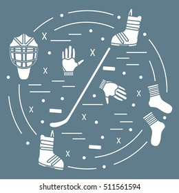 Vector illustration of various subjects for hockey and snowboarding arranged in a circle. Including icons of helmet, gloves, stick, puck, socks, snowboard boots.