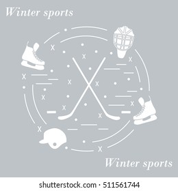 Vector illustration of various subjects for hockey arranged in a circle. Including icons of helmet, skates, goalkeeper mask, hockey stick, puck. 