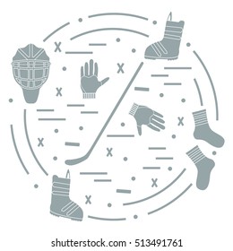 Vector illustration of various subjects for hockey and snowboarding arranged in a circle. Including icons of helmet, gloves, stick, puck, socks, snowboard boots.